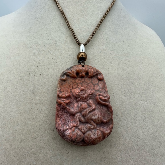 Coral Fossil Monkey Pendant Necklace Sterling Silver Accent on Adjustable Rope - Picture 5 of 9